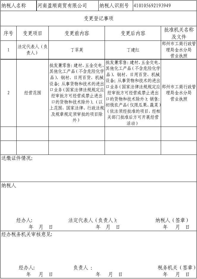 郑州变更、注销税务登记表